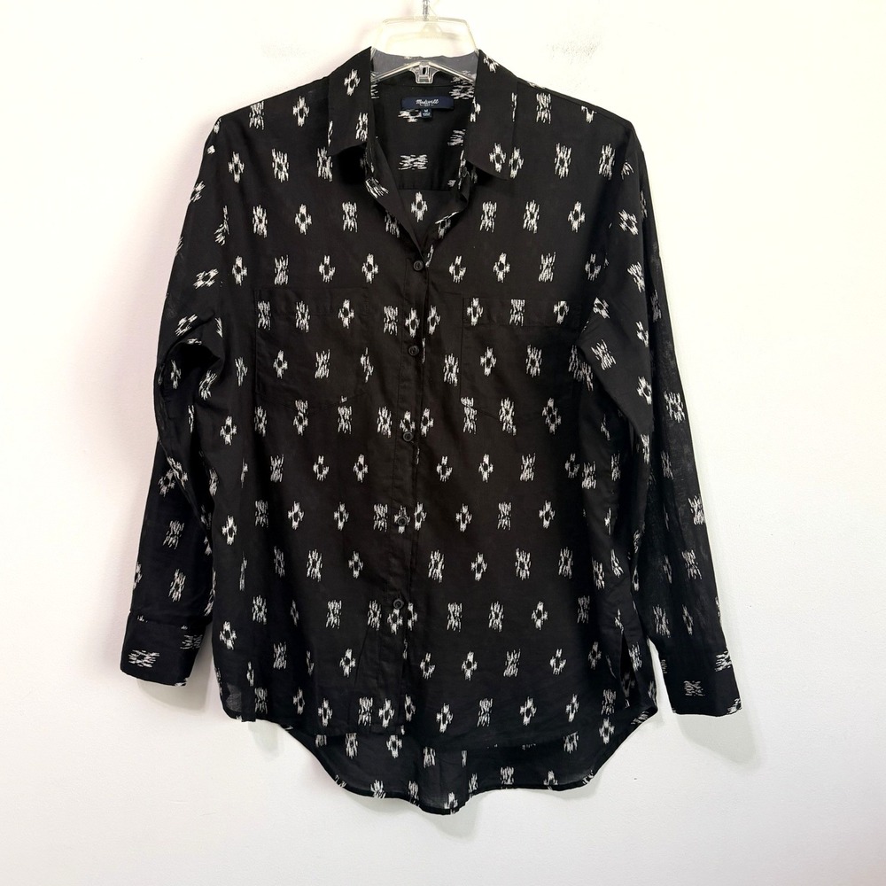 Madewell Blouse M Black Aztec Geo Long Sleeve Button Front Top Casual Boho Shirt